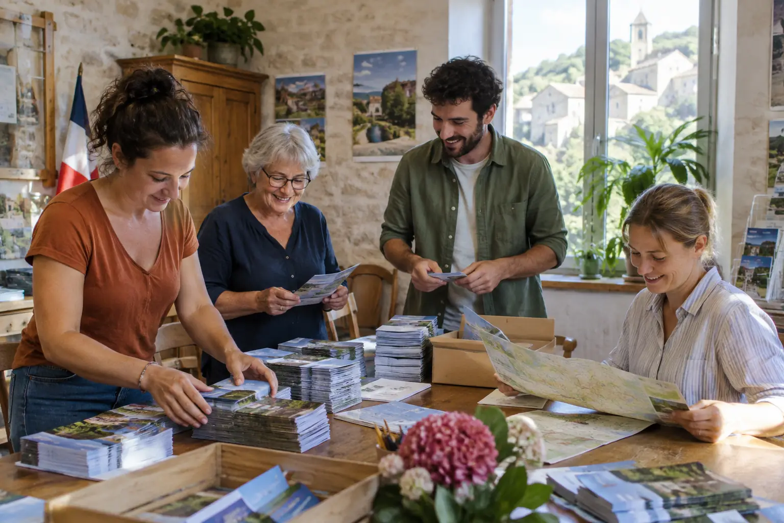 Bénévoles préparant l’accueil touristique d’une commune
