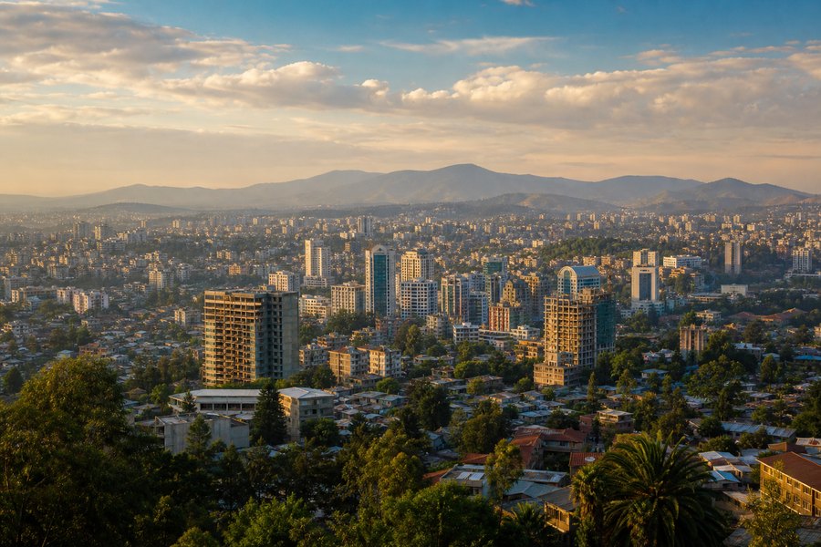 Illustration photographique : les collines verdoyantes et l’architecture urbaine d’Addis-Abeba. Illustration éditoriale, scène imaginaire.