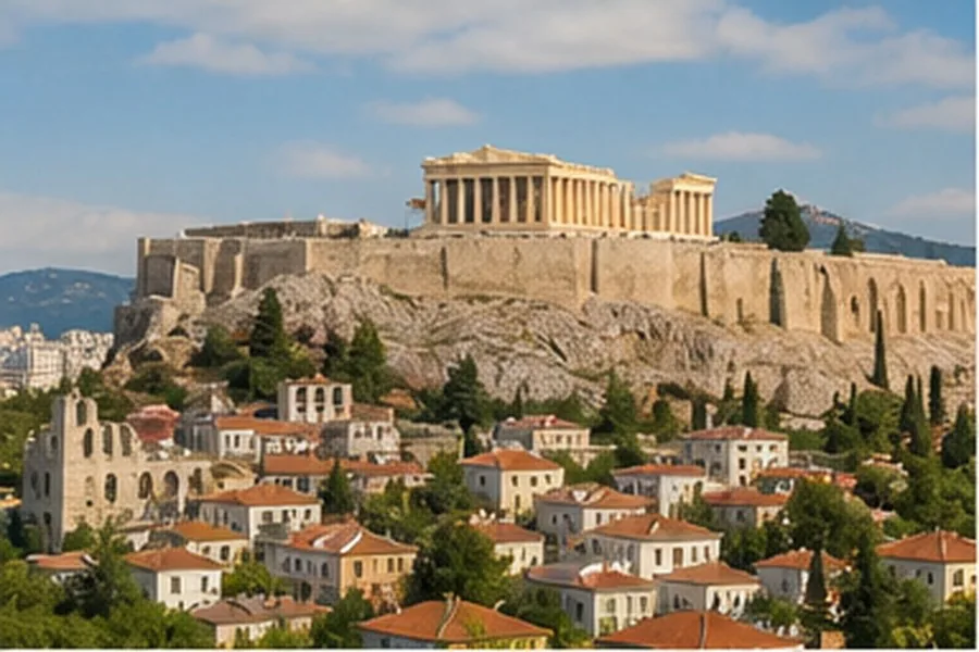 Illustration photographique : l’Acropole dominant le quartier de Plaka à Athènes.