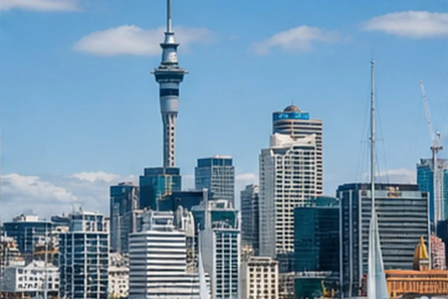 Illustration photographique : le port d’Auckland, ses voiliers et la Sky Tower. Illustration éditoriale, scène imaginaire.