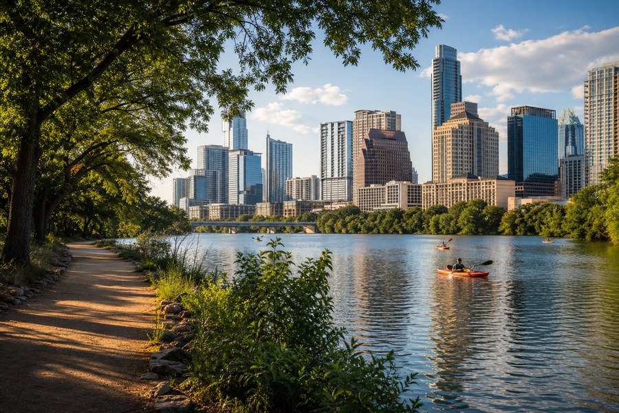 Illustration photographique : la ligne d’horizon d’Austin vue depuis Lady Bird Lake.