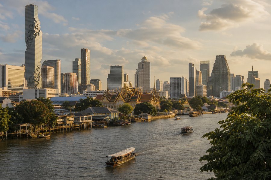 Illustration photographique : le fleuve Chao Phraya, les temples et la silhouette contemporaine de Bangkok. Illustration éditoriale, scène imaginaire.