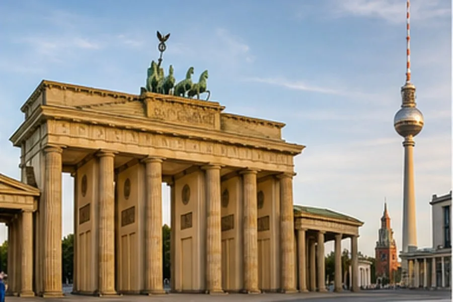 Illustration photographique : la porte de Brandebourg et la tour de télévision à Berlin.
