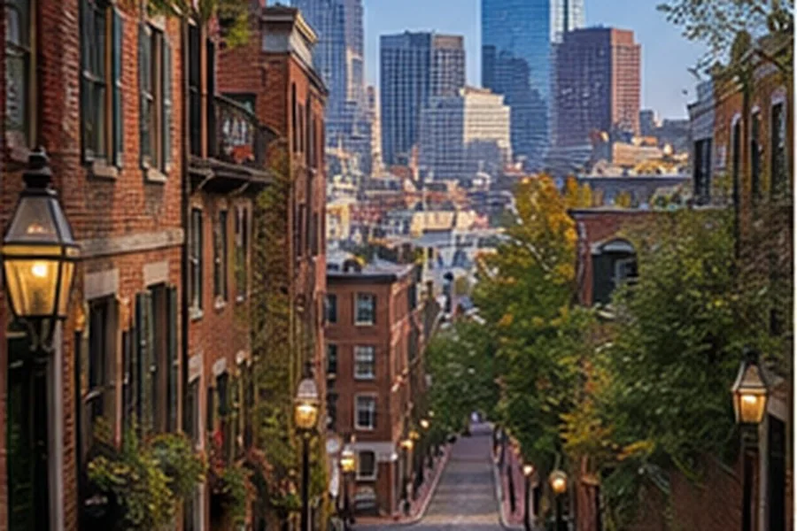 Illustration photographique : les rues de brique de Beacon Hill et la ligne d’horizon de Boston.
