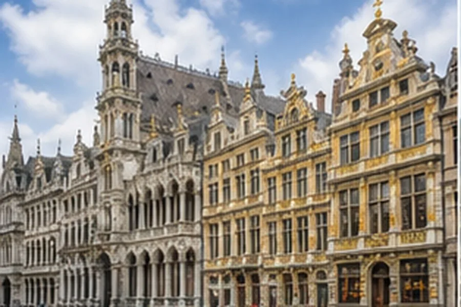 Illustration photographique : les façades historiques de la Grand-Place de Bruxelles. Illustration éditoriale, scène imaginaire.