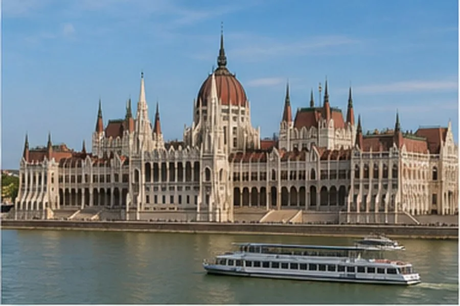 Illustration photographique : le Parlement hongrois au bord du Danube à Budapest. Illustration éditoriale, scène imaginaire.