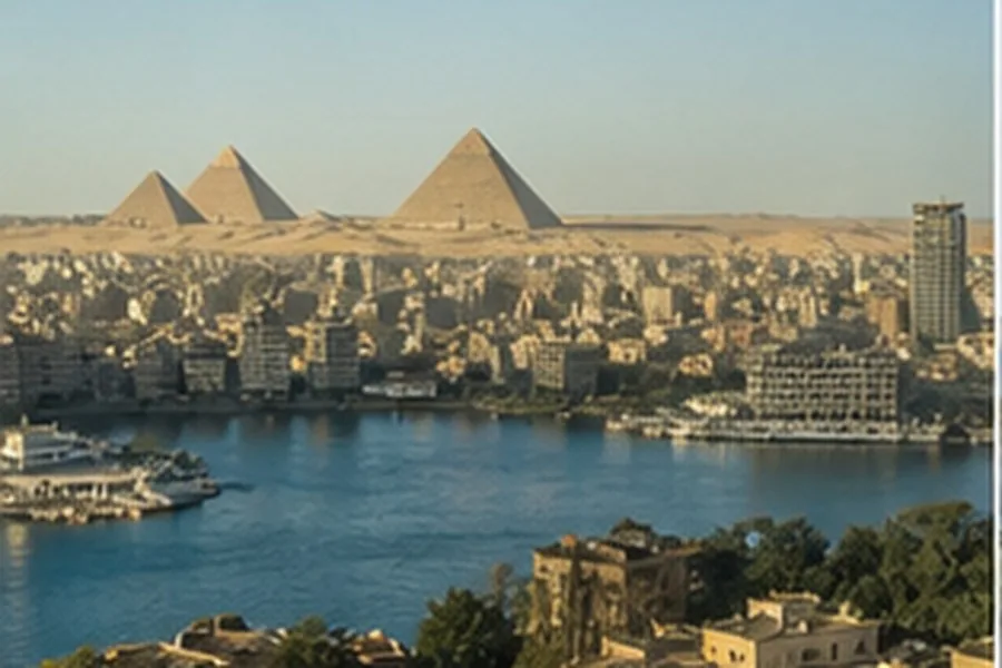 Illustration photographique : Le Caire, le Nil et les pyramides à l’horizon. Illustration éditoriale, scène imaginaire.
