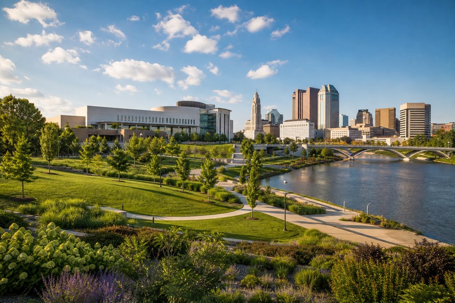 Illustration photographique : les jardins et l’architecture contemporaine de Columbus.