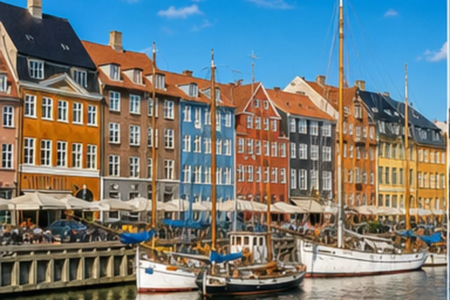 Illustration photographique : les façades colorées et les bateaux de Nyhavn à Copenhague. Illustration éditoriale, scène imaginaire.