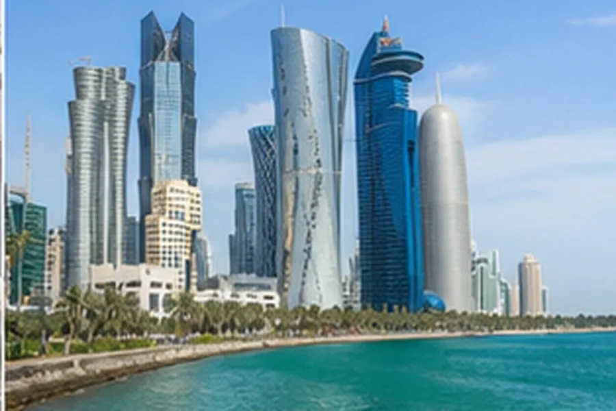 Illustration photographique : la corniche et la ligne d’horizon moderne de Doha. Illustration éditoriale, scène imaginaire.