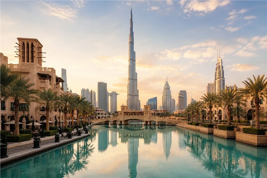 La ligne d’horizon de Dubaï et le Burj Khalifa au coucher du soleil. Illustration éditoriale, scène imaginaire.