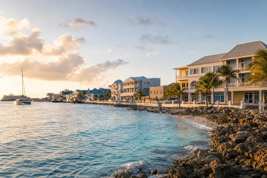 Illustration photographique : une vue éditoriale de George Town, Îles Caïmans. Illustration éditoriale, scène imaginaire.