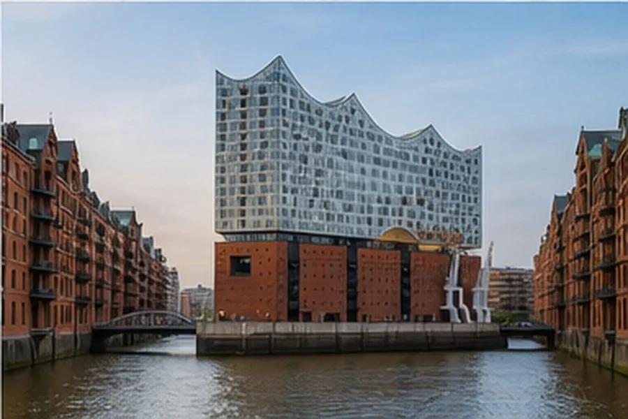 Illustration photographique : les canaux de Speicherstadt et l’Elbphilharmonie à Hambourg.