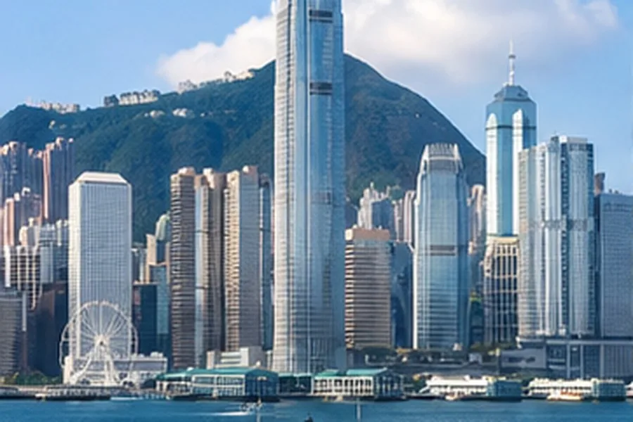 Illustration photographique : Victoria Harbour et la ligne d’horizon de Hong Kong. Illustration éditoriale, scène imaginaire.