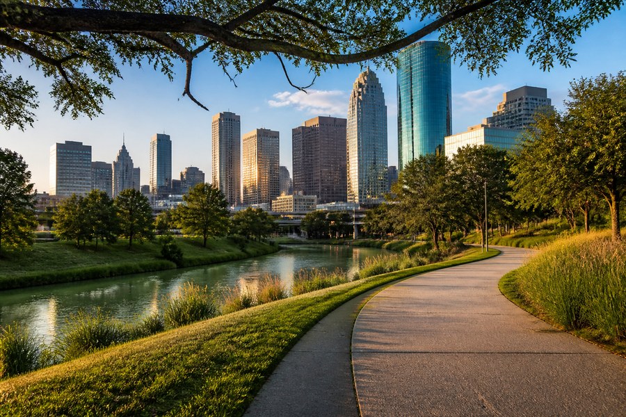 Illustration photographique : le centre de Houston et ses espaces verts au bord du bayou.