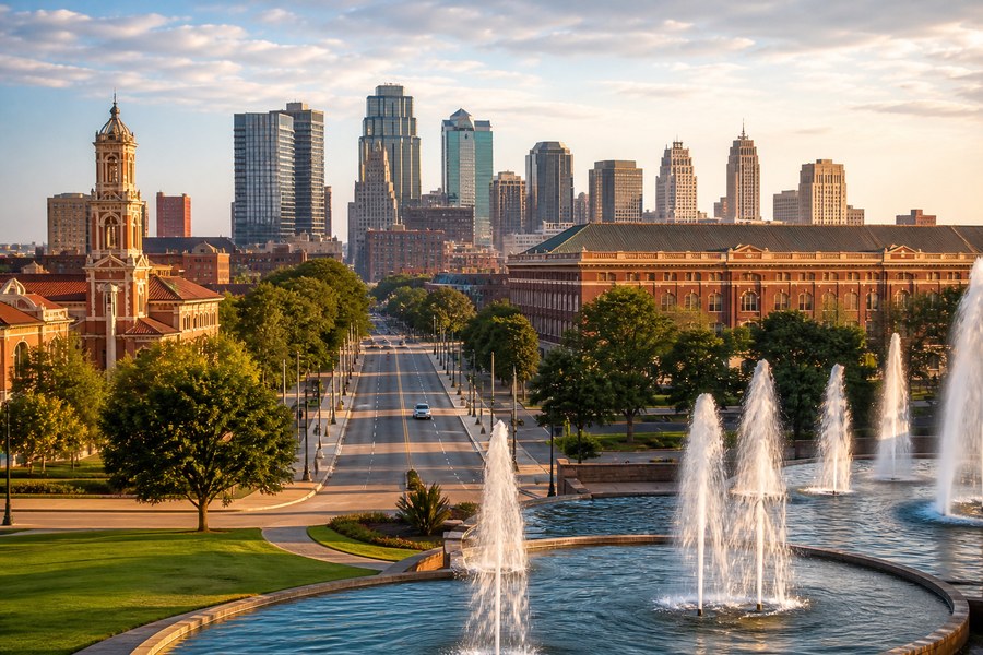 Illustration photographique : les fontaines et les boulevards arborés de Kansas City.
