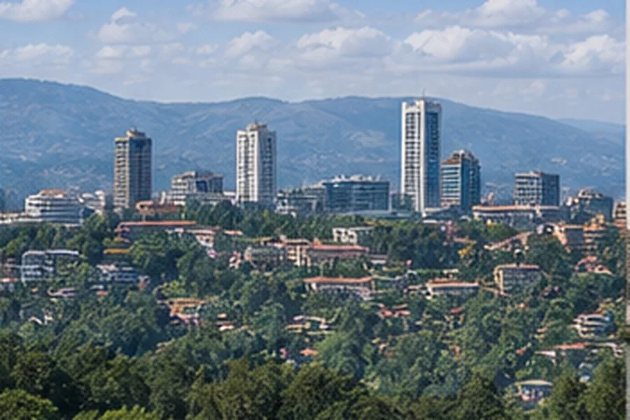 Illustration photographique : les collines verdoyantes et la ligne d’horizon de Kigali. Illustration éditoriale, scène imaginaire.