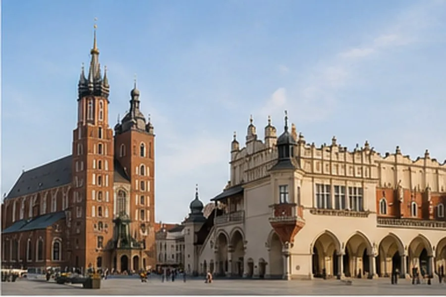 Illustration photographique : la basilique Sainte-Marie et la place du Marché de Cracovie.