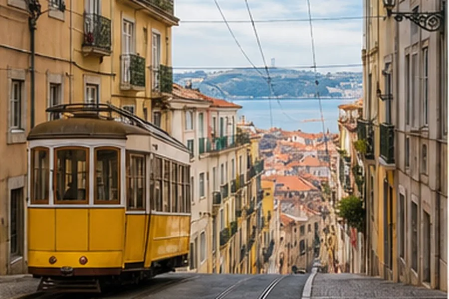 Illustration photographique : un tramway jaune dans les rues en pente de Lisbonne.