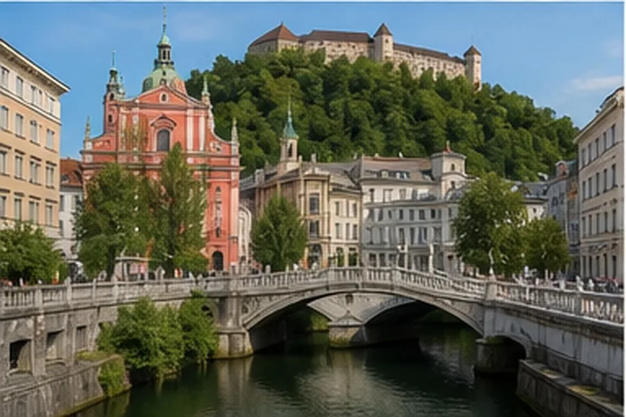 Illustration photographique : le Triple Pont, la rivière et le château de Ljubljana. Illustration éditoriale, scène imaginaire.