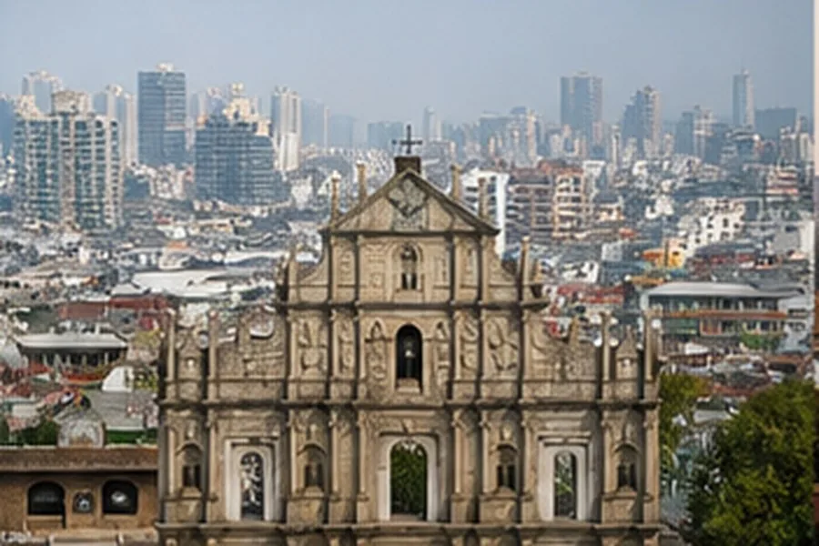 Illustration photographique : les ruines de Saint-Paul dans le paysage urbain de Macao. Illustration éditoriale, scène imaginaire.