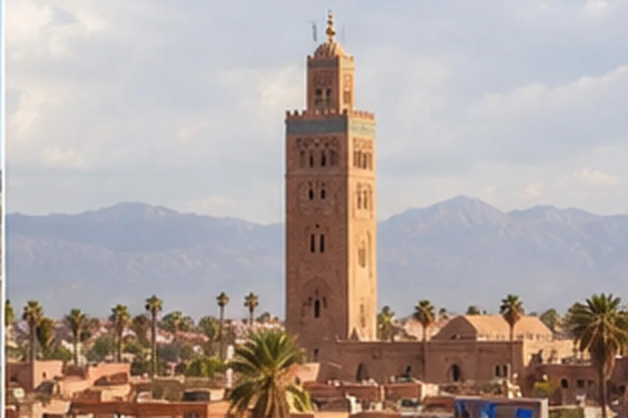 Illustration photographique : la Koutoubia et les toits de la médina de Marrakech. Illustration éditoriale, scène imaginaire.