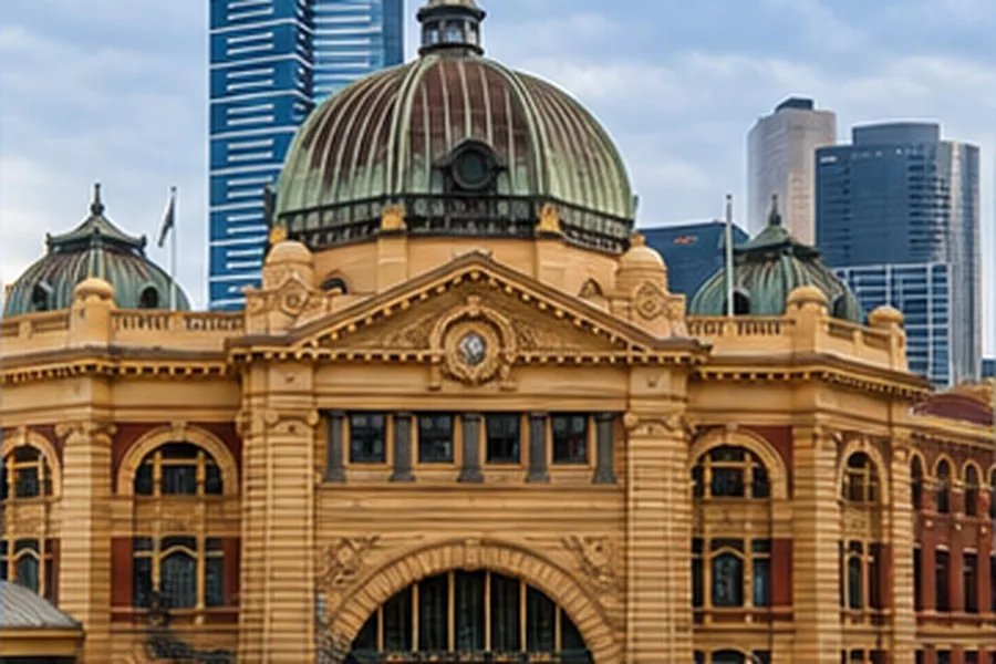 Illustration photographique : Flinders Street Station et les tours de Melbourne.
