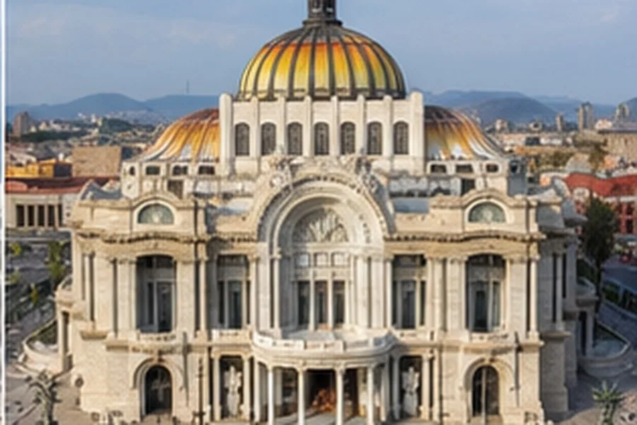 Illustration photographique : le Palacio de Bellas Artes dans le centre historique de Mexico. Illustration éditoriale, scène imaginaire.