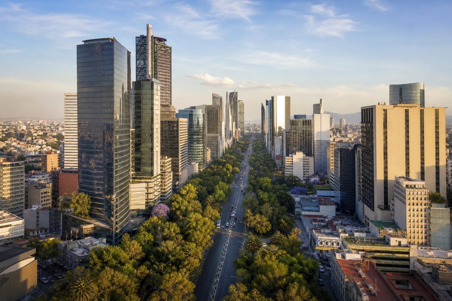 Illustration photographique : les grandes avenues arborées et la ligne d’horizon de Mexico.