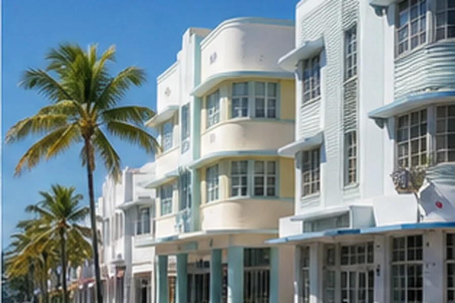 Illustration photographique : les façades Art déco et les palmiers de Miami Beach.