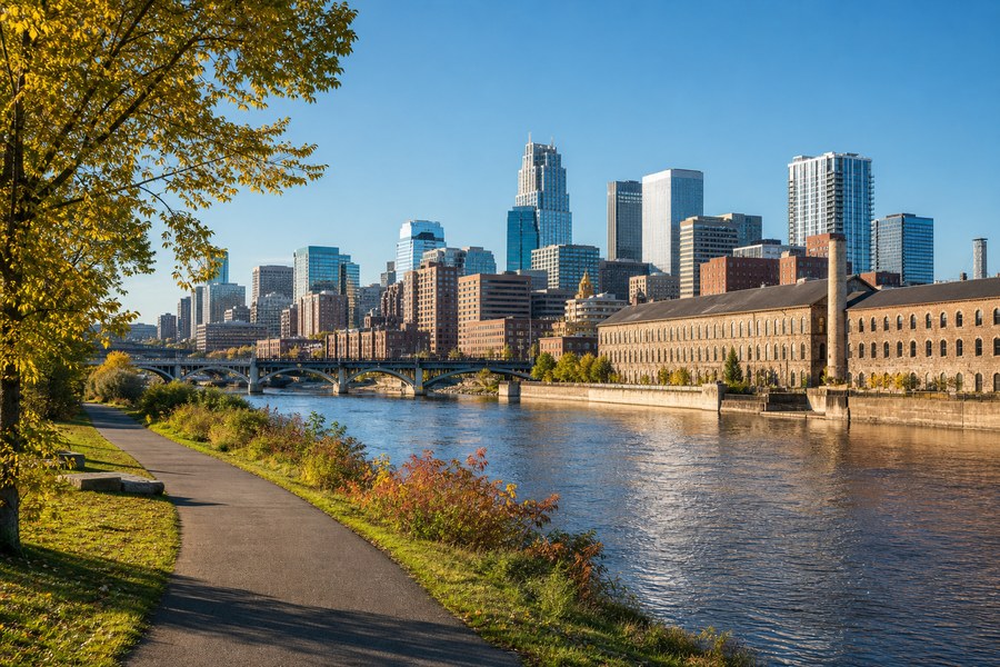 Illustration photographique : le front de rivière et les bâtiments de brique de Minneapolis.