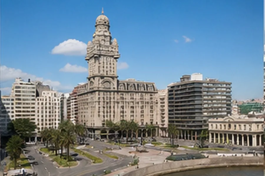 Illustration photographique : le Palacio Salvo et le front d’eau de Montevideo. Illustration éditoriale, scène imaginaire.