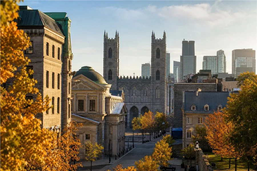 Le Vieux-Montréal en automne et les tours de la basilique Notre-Dame. Illustration éditoriale, scène imaginaire.