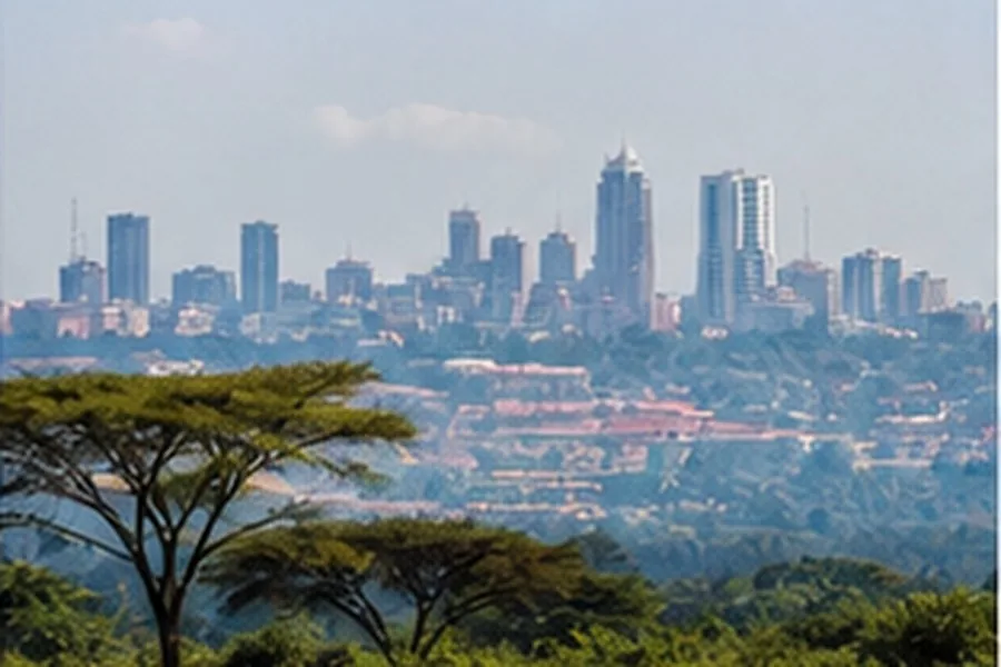 Illustration photographique : la ligne d’horizon de Nairobi derrière la végétation. Illustration éditoriale, scène imaginaire.