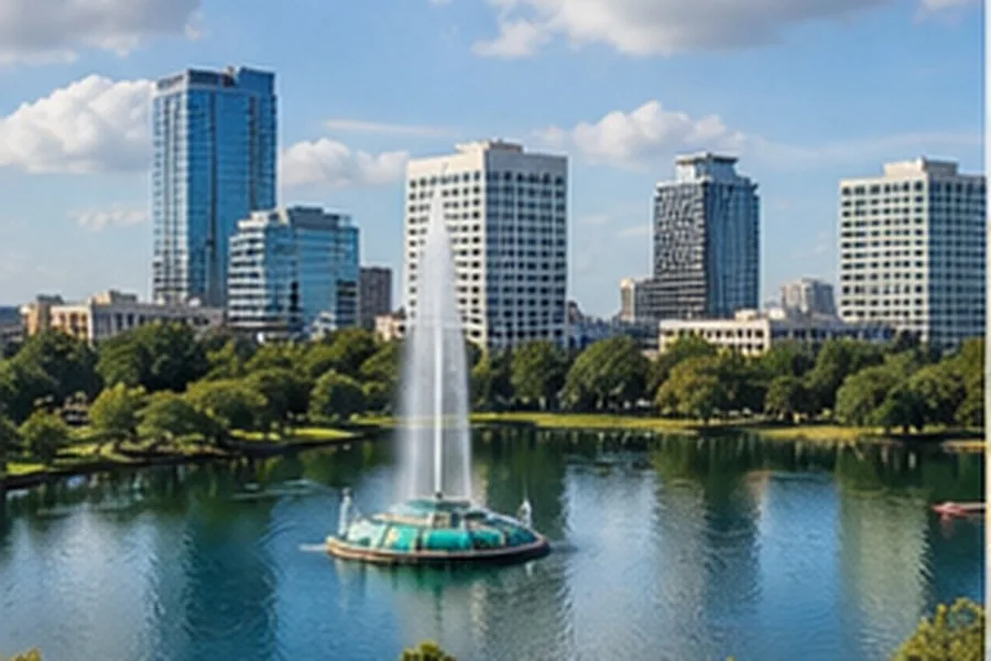 Illustration photographique : le lac Eola et le centre-ville d’Orlando.