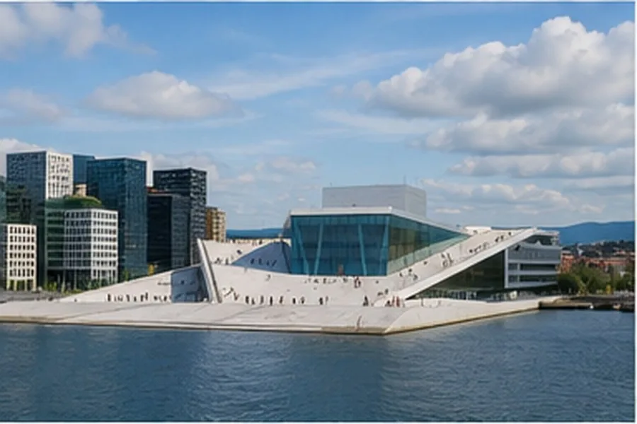 Illustration photographique : l’opéra d’Oslo posé au bord du fjord. Illustration éditoriale, scène imaginaire.