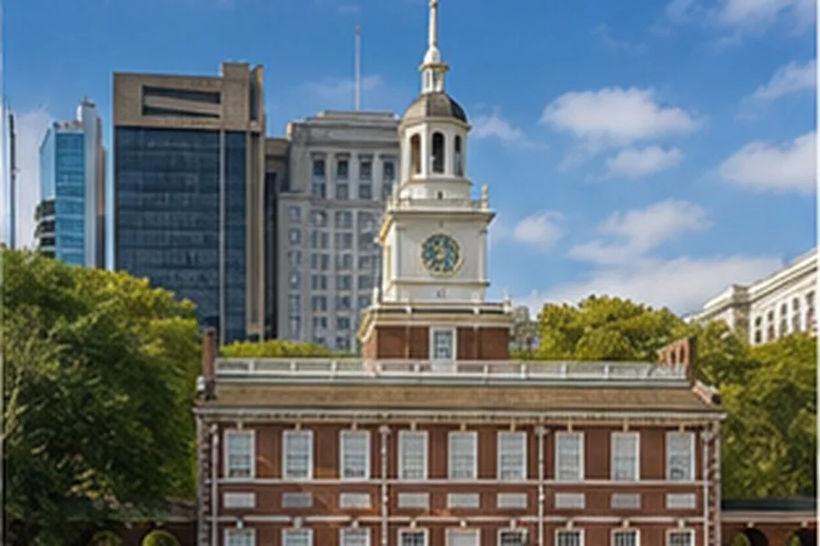 Illustration photographique : Independence Hall dans le centre historique de Philadelphie.