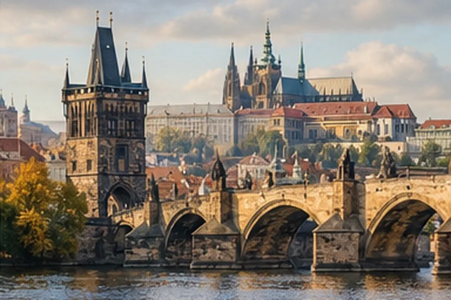 Illustration photographique : le pont Charles et le château de Prague au-dessus de la Vltava.