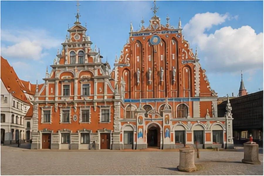 Illustration photographique : la maison des Têtes-Noires dans la vieille ville de Riga. Illustration éditoriale, scène imaginaire.