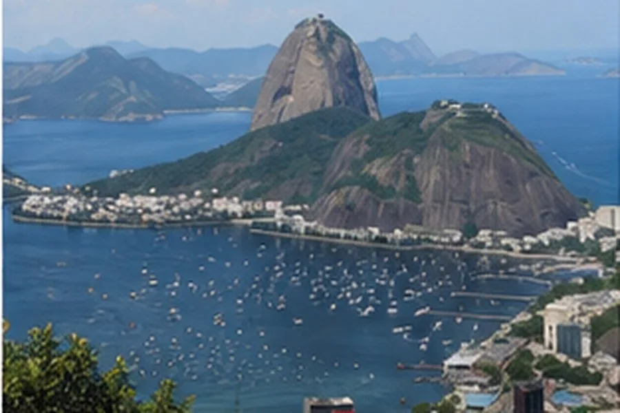 Illustration photographique : la baie de Rio de Janeiro et le Pain de Sucre. Illustration éditoriale, scène imaginaire.