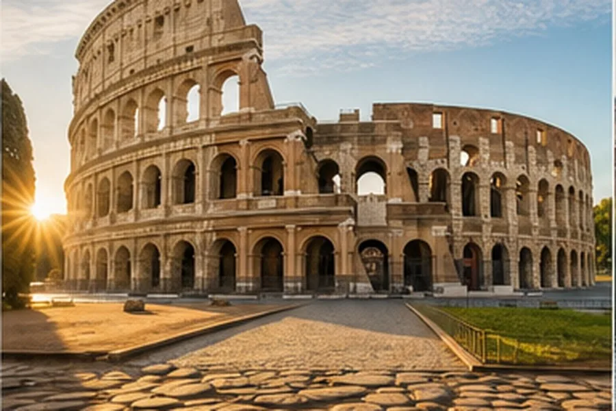 Illustration photographique : le Colisée de Rome dans la lumière du matin. Illustration éditoriale, scène imaginaire.
