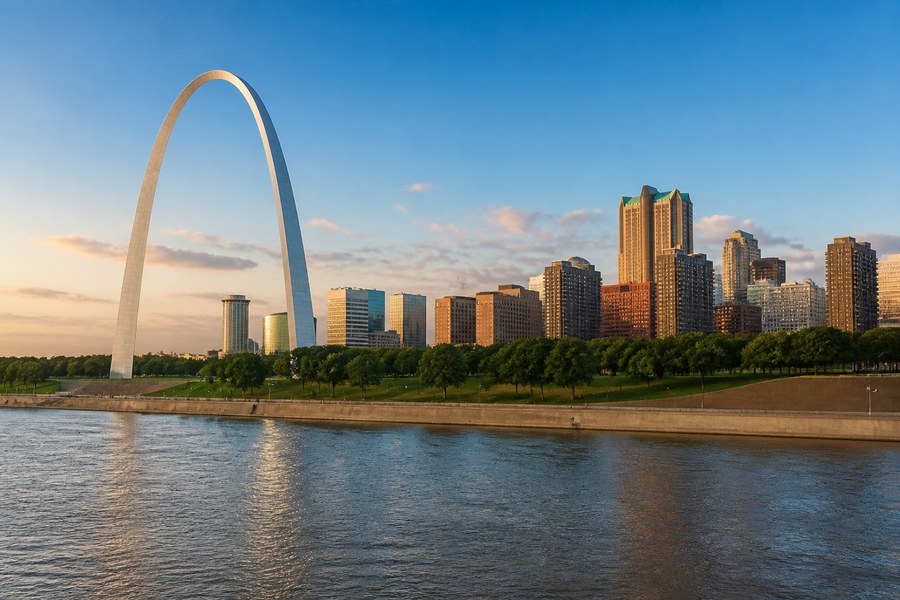 Illustration photographique : le front de fleuve et le grand arc de Saint-Louis.