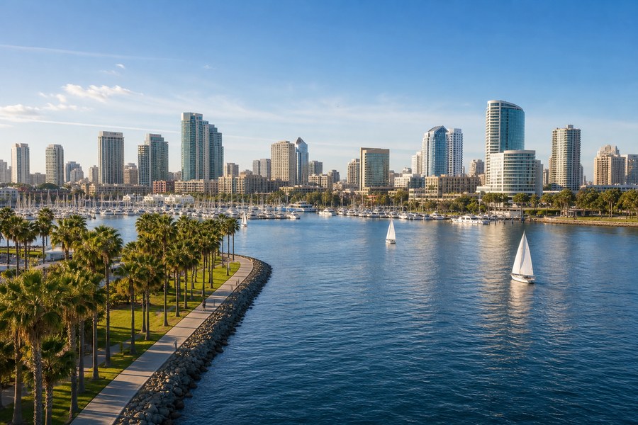 Illustration photographique : le front de mer, les voiliers et la ligne d’horizon de San Diego.