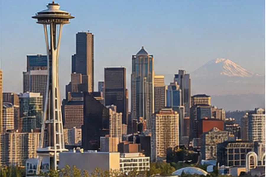 Illustration photographique : la Space Needle et la ligne d’horizon de Seattle devant les montagnes.