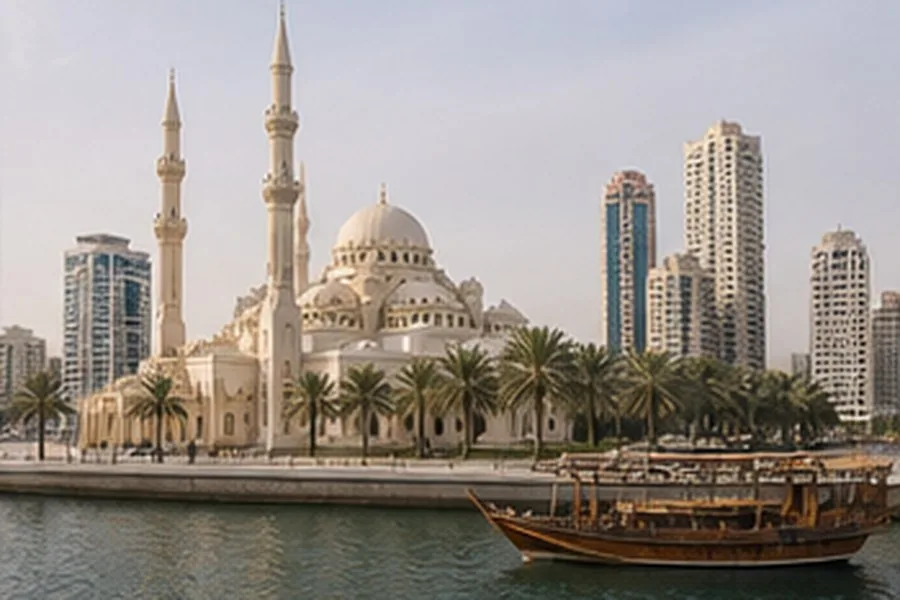 Illustration photographique : une mosquée et le front d’eau patrimonial de Charjah.