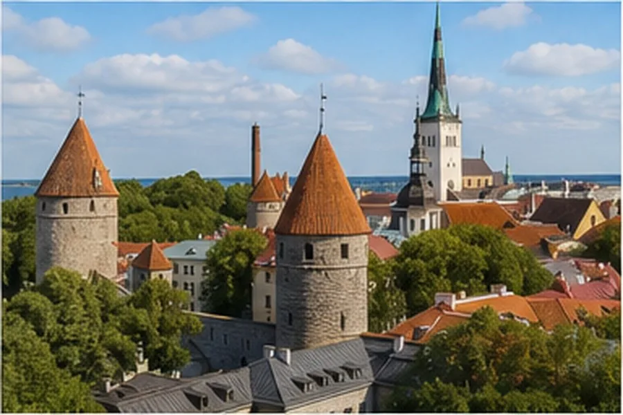 Illustration photographique : les tours médiévales et les toits rouges de Tallinn. Illustration éditoriale, scène imaginaire.