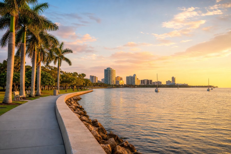 Illustration photographique : la baie de Tampa, sa promenade bordée de palmiers et ses voiliers.