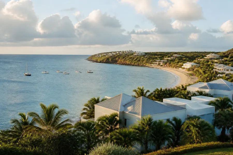Illustration photographique : une vue éditoriale de The Valley, Anguilla. Illustration éditoriale, scène imaginaire.