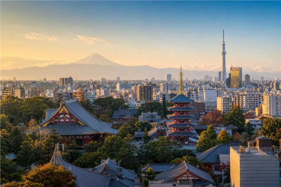 Les temples et la ligne d’horizon de Tokyo avec le mont Fuji au loin.
