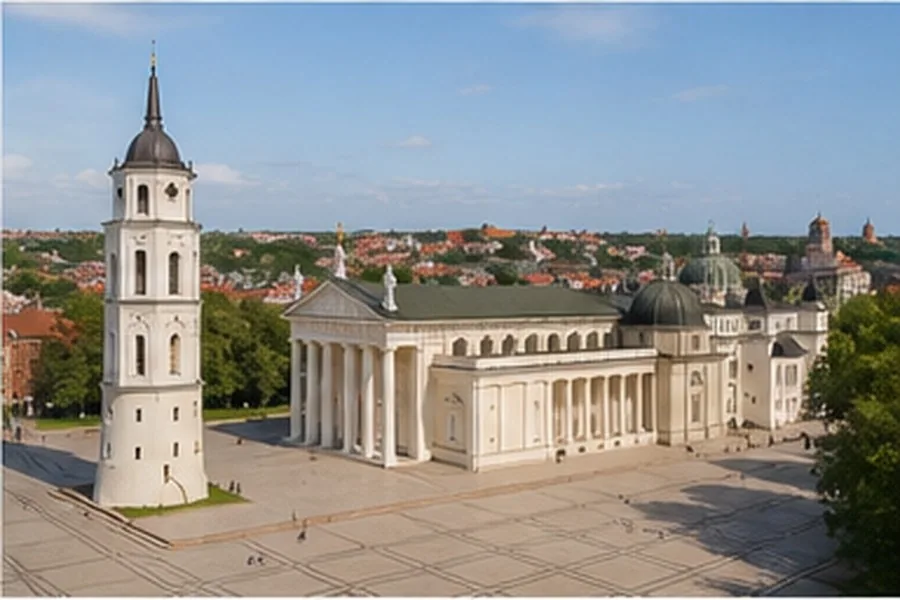 Illustration photographique : la place de la Cathédrale et les toits de Vilnius. Illustration éditoriale, scène imaginaire.